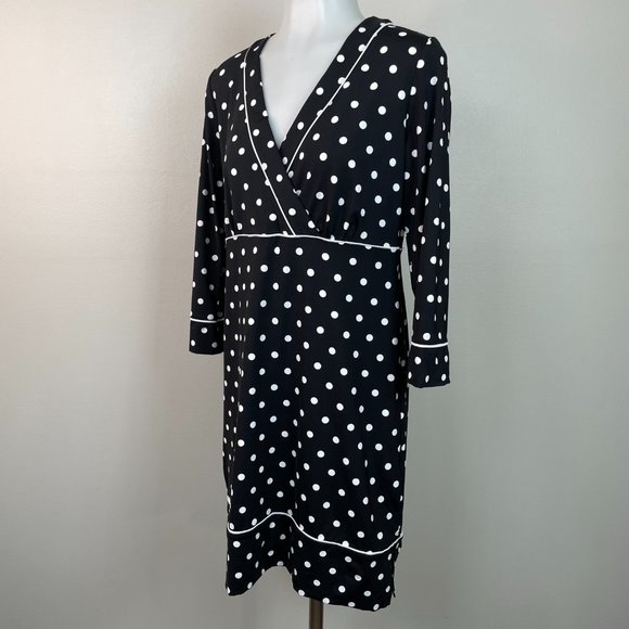 Lands' End Dress Small Black White Polka Dot Nylon Stretch Jersey Surplice Neck - Picture 3 of 12